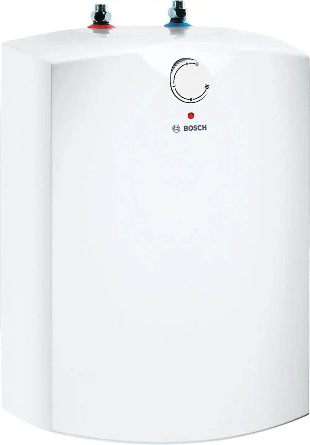Weißer Speicherkessel von Bosch mit Temperaturregler und zwei Anschlüssen für Warm- und Kaltwasser, geeignet zur Untertischmontage.